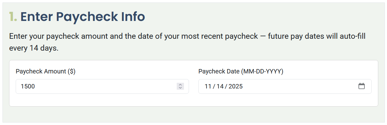 Screenshot of Biweekly Paycheck Bill Planner tool shows a paycheck amount of $1500 starting on November 14.