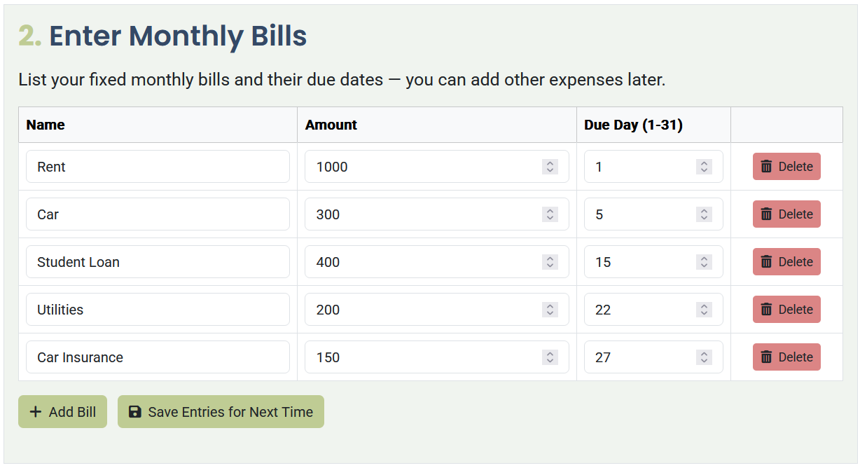 Screenshot of Biweekly Paycheck Bill Planner tool shows a list of bills including: $1000 Rent due on the 1st, $300 Car payment due on the 5th, $400 Student Loan payment due on the 15th, $200 Utilities due on the 22nd, and $150 Car Insurance due on the 27th.
