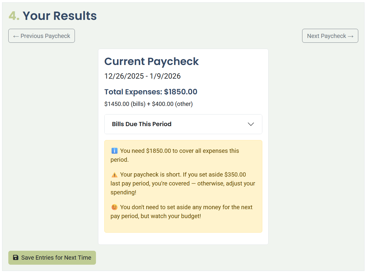Screenshot of Biweekly Paycheck Bill Planner tool shows a list of bills due during the fourth pay cycle, totaling $1850.